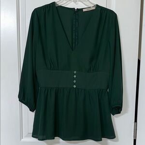 Green Peplum Blouse with 3/4 Sleeves and Buttoned Detail